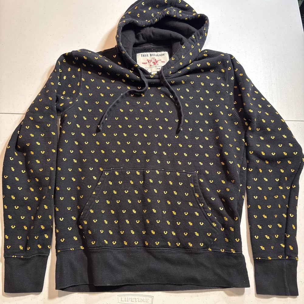 Y2K Style True Religion‎ All Over Print Horseshoe Logo Hoodie Black Gold Small